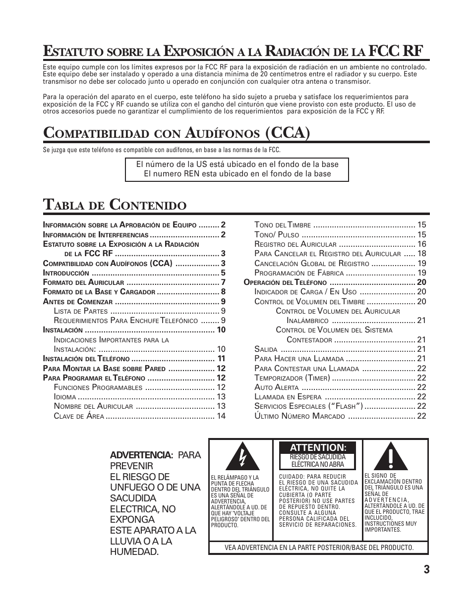 Fcc rf, Cca), Abla | Ontenido, Statuto, Sobre, Xposición, Adiación, Ompatibilidad, Udífonos | GE 21025/26 User Manual | Page 63 / 120