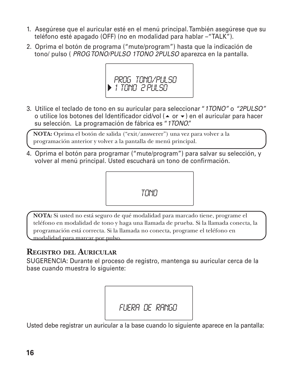 Prog tono/pulso 1 tono 2 pulso tono fuera de rango | GE 21025/26 User Manual | Page 76 / 120