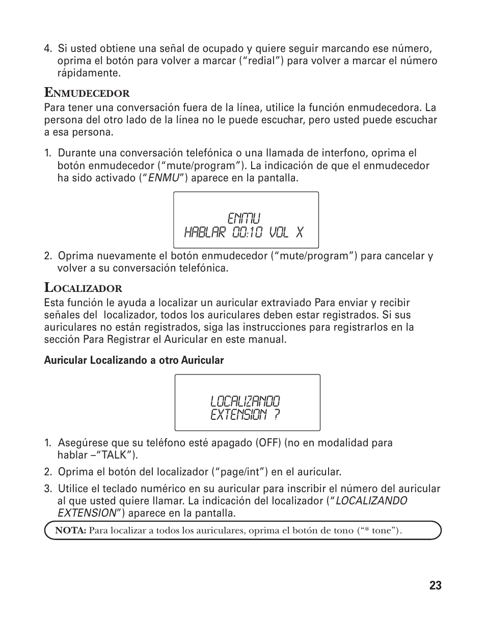 Localizando extension ? enmu hablar 00:10 vol x | GE 21025/26 User Manual | Page 83 / 120