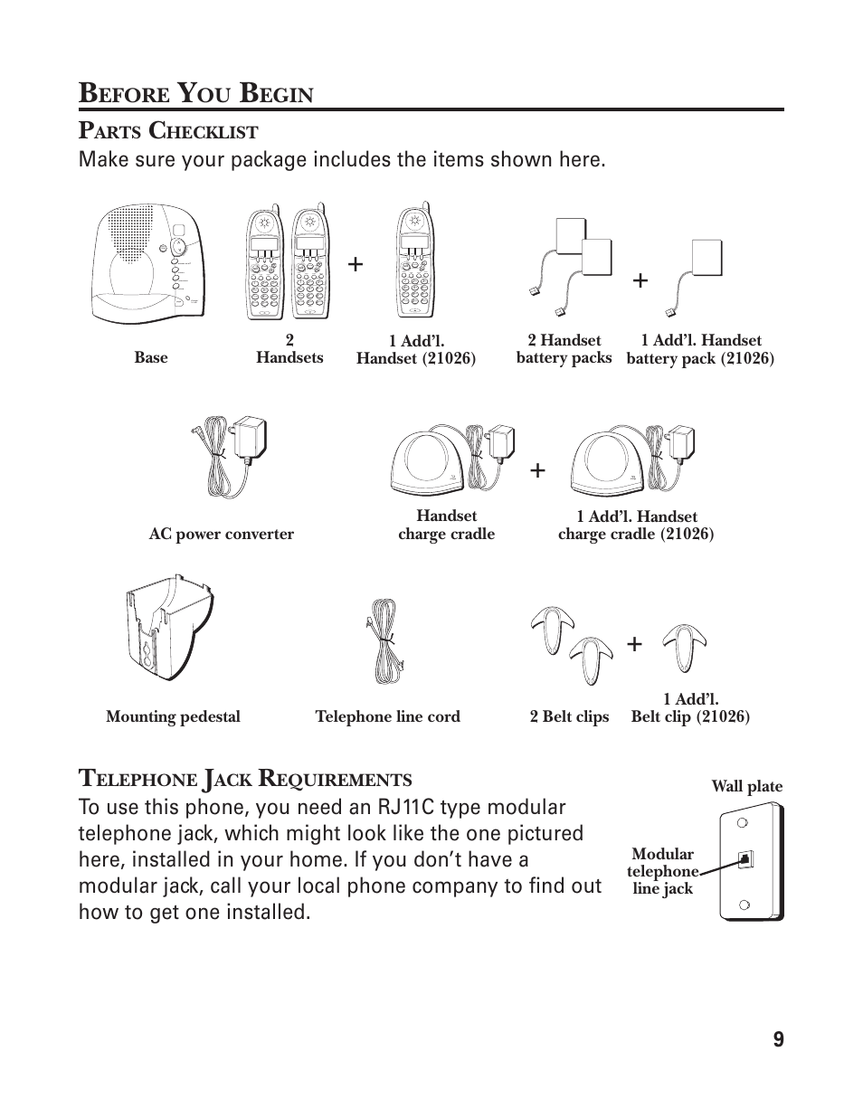 Efore, Egin, Arts | Hecklist, Elephone, Equirements, Modular telephone line jack wall plate | GE 21025/26 User Manual | Page 9 / 120