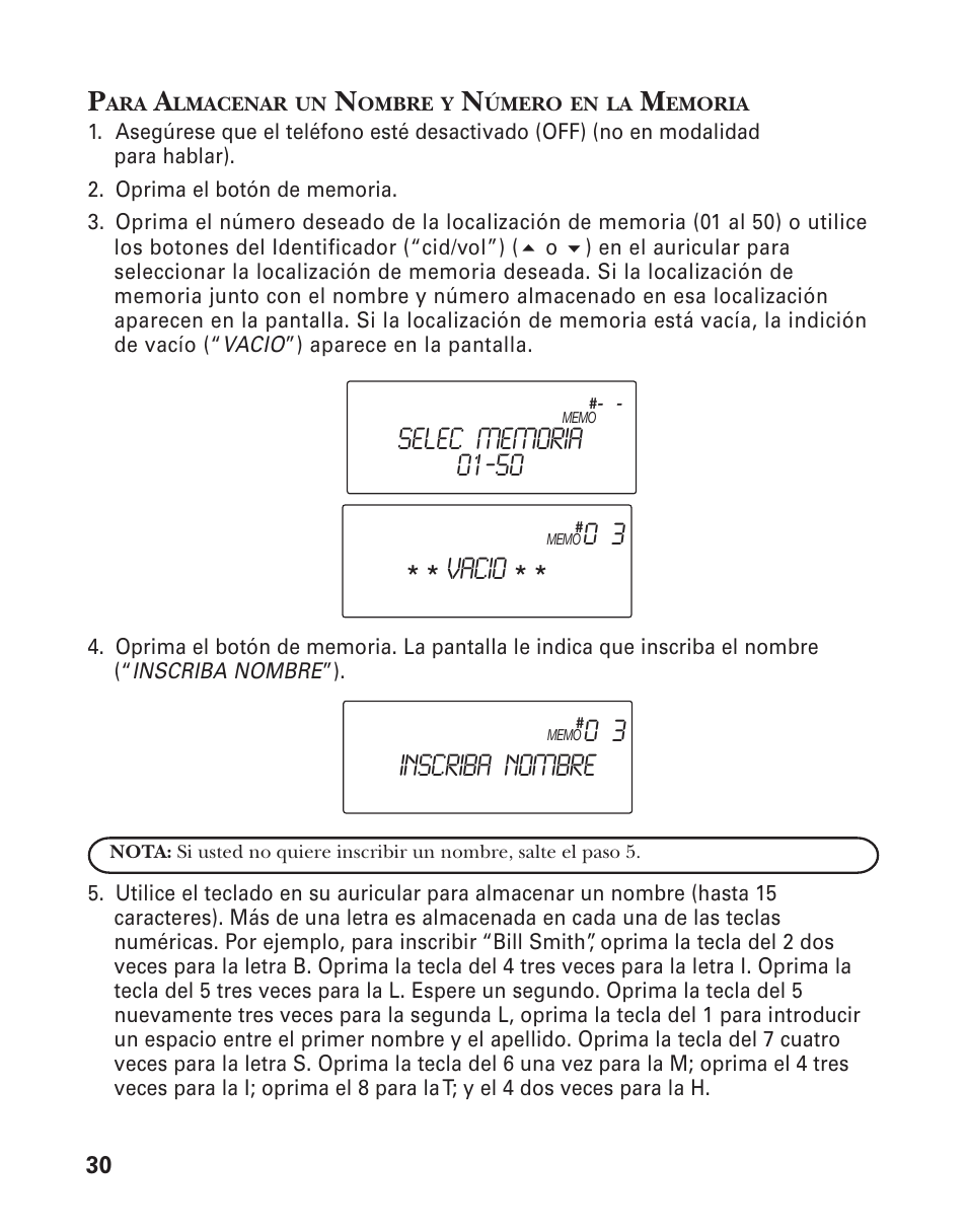 Inscriba nombre, Vacio | GE 21025/26 User Manual | Page 90 / 120