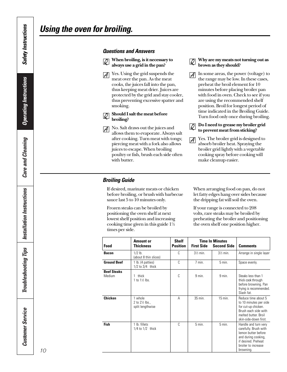 Using the oven for broiling, Questions and answers, Broiling guide | GE 164D3333P184 User Manual | Page 10 / 24