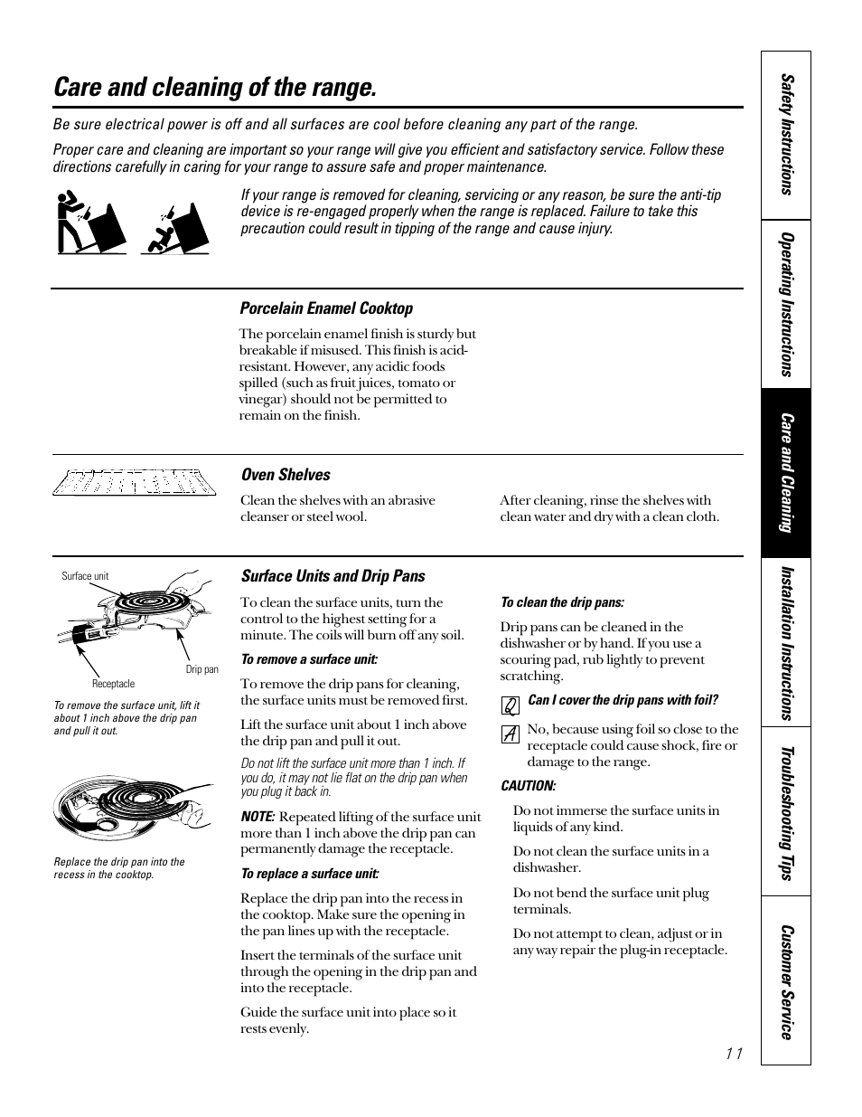 Surface units & drip pans, Care and cleaning of the range | GE 164D3333P184 User Manual | Page 11 / 24