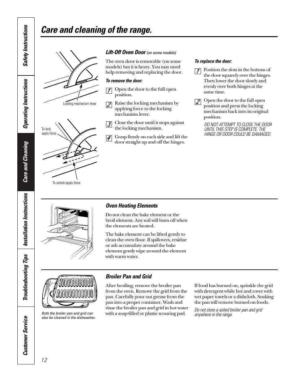 Lift-off oven door, Broiler pan & grid, Lift-off oven door broiler pan & grid | Care and cleaning of the range | GE 164D3333P184 User Manual | Page 12 / 24