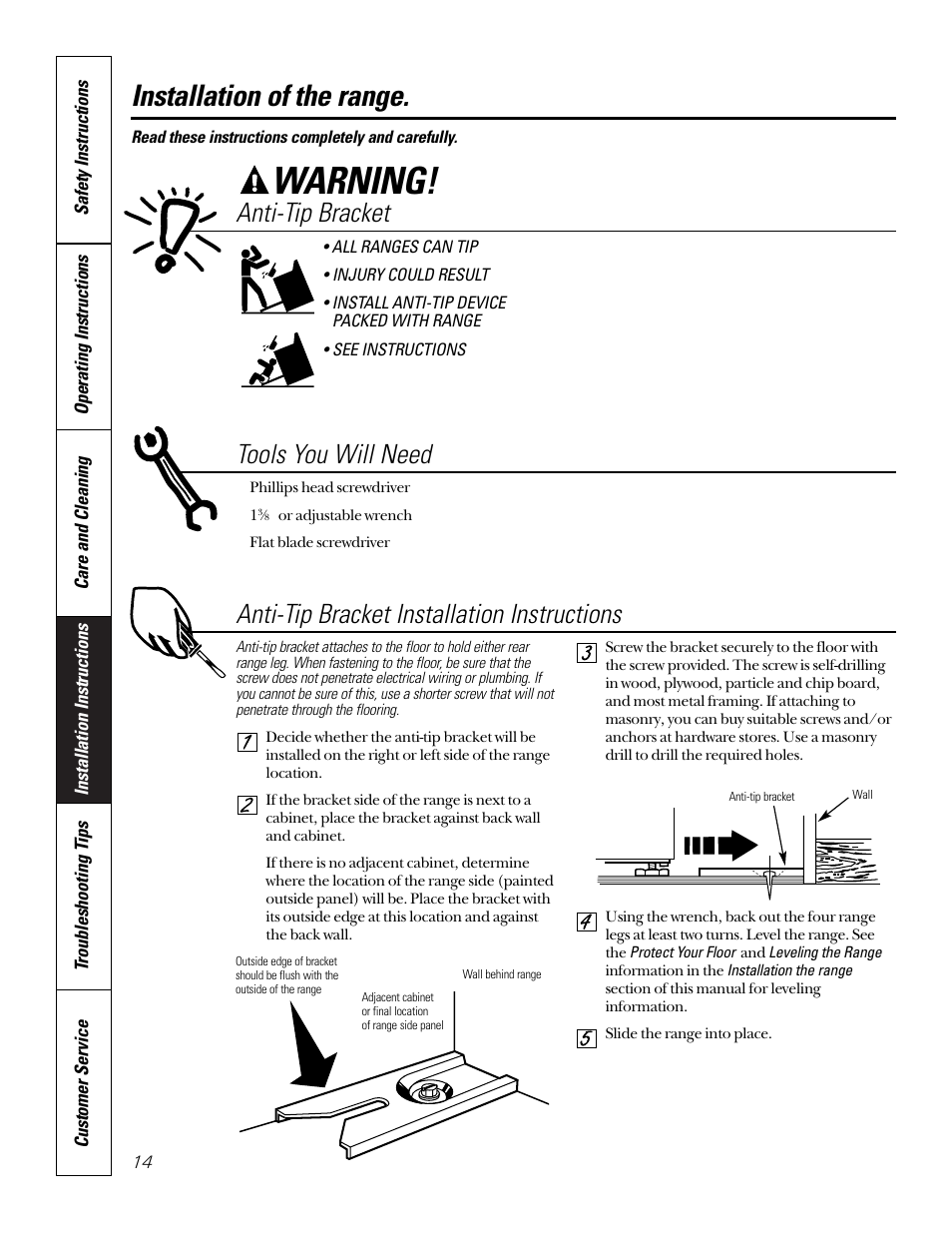 Tools you will need, Warning, Installation of the range | Anti-tip bracket, Anti-tip bracket installation instructions | GE 164D3333P184 User Manual | Page 14 / 24
