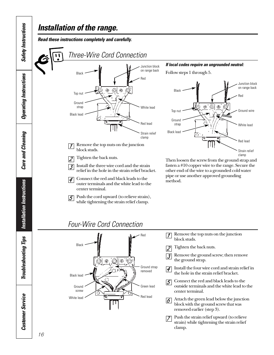 Installation of the range, Three-wire cord connection, Four-wire cord connection | GE 164D3333P184 User Manual | Page 16 / 24