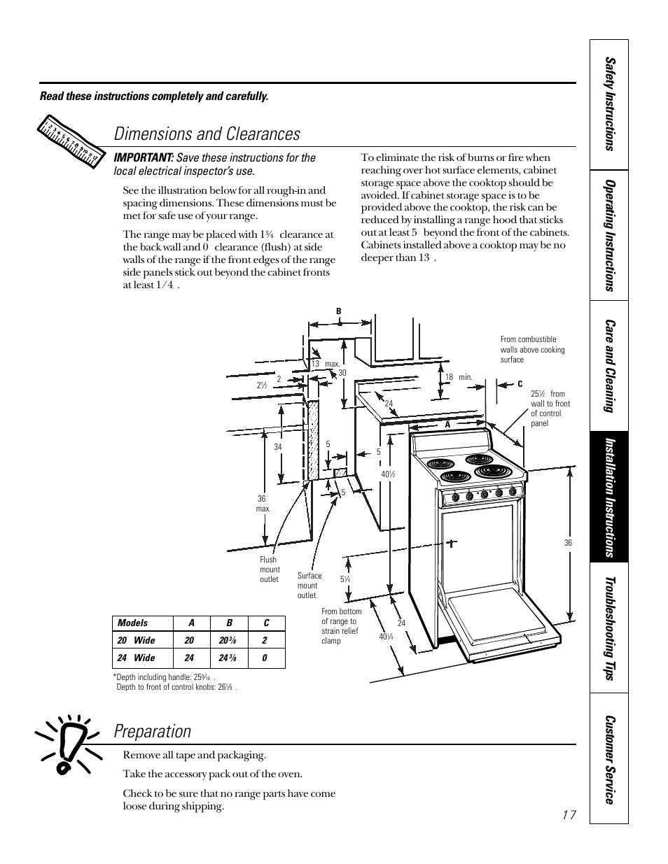 Dimensions & clearances, Preparation, Dimensions and clearances | Read these instructions completely and carefully | GE 164D3333P184 User Manual | Page 17 / 24