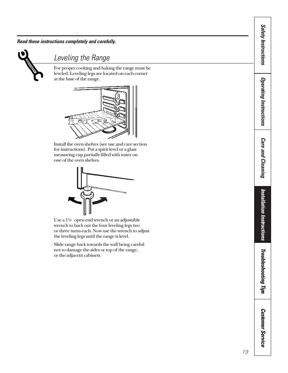 Leveling the range | GE 164D3333P184 User Manual | Page 19 / 24