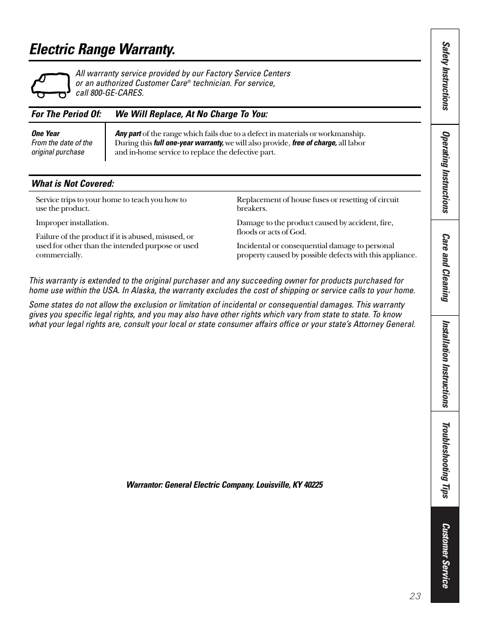 Warranty, Electric range warranty | GE 164D3333P184 User Manual | Page 23 / 24