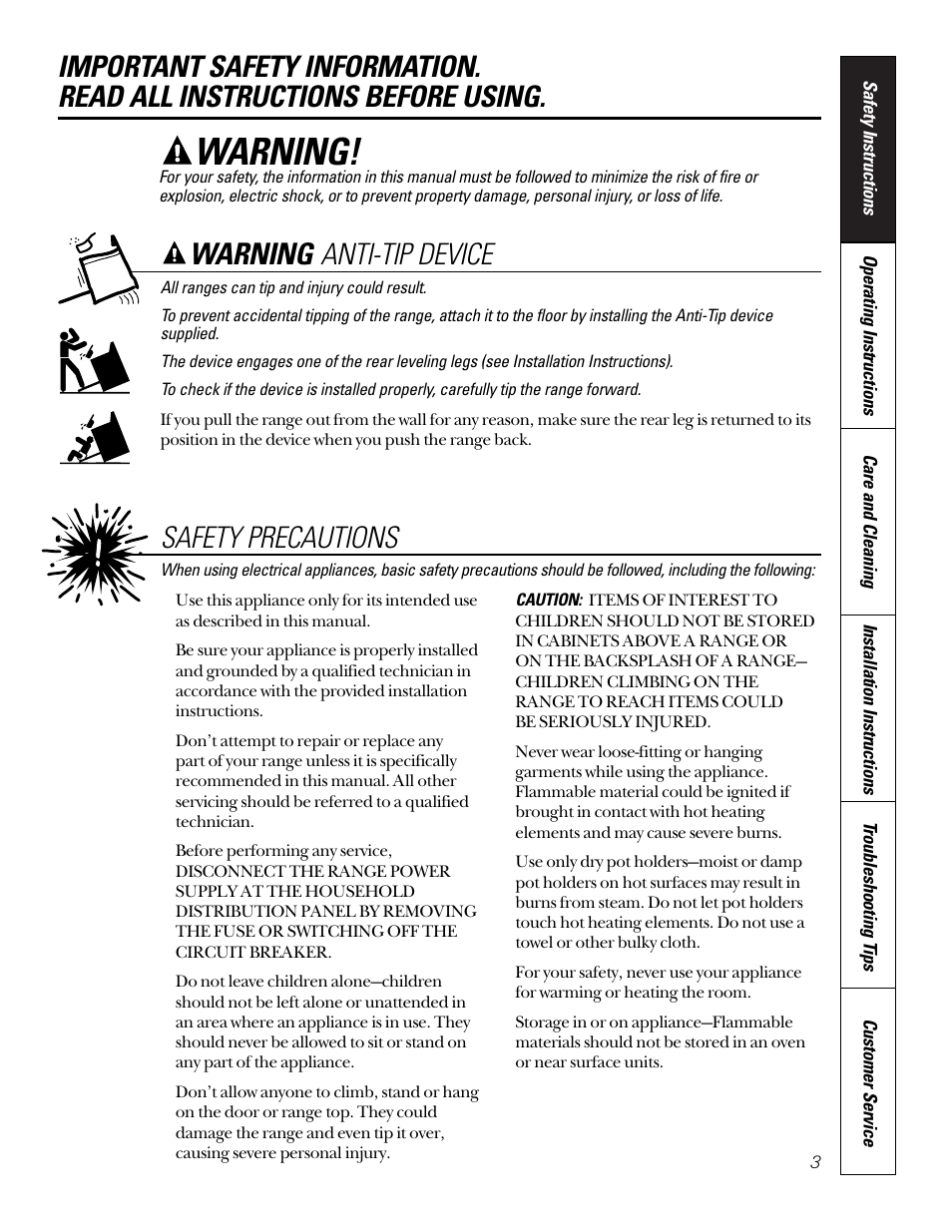Anti-tip device, Safety precautions, Anti-tip device safety precautions , 4 | Warning, Warning anti-tip device | GE 164D3333P184 User Manual | Page 3 / 24
