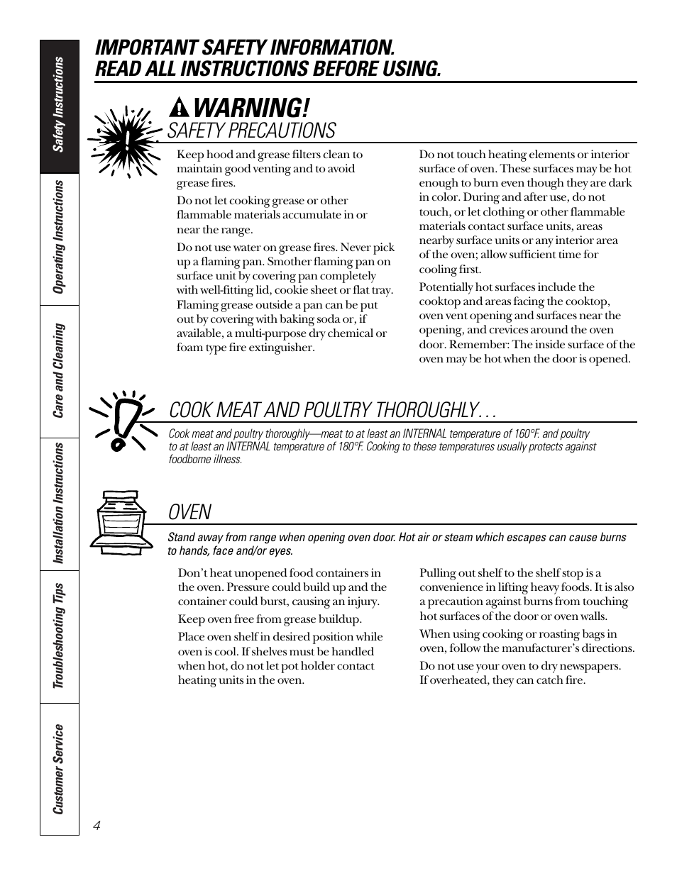 Oven, Warning, Safety precautions | Cook meat and poultry thoroughly | GE 164D3333P184 User Manual | Page 4 / 24