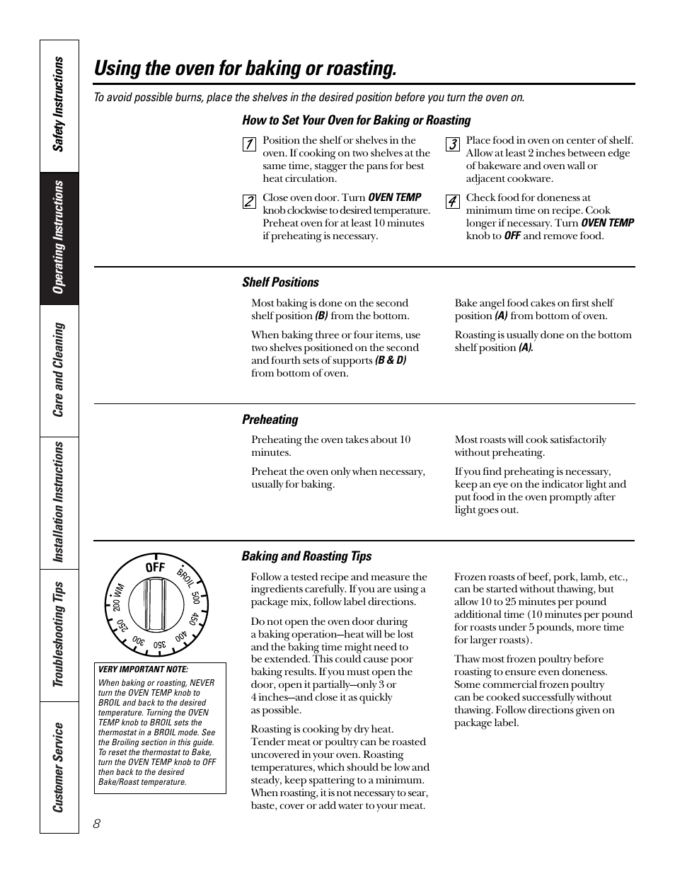 Using the oven for baking or roasting | GE 164D3333P184 User Manual | Page 8 / 24