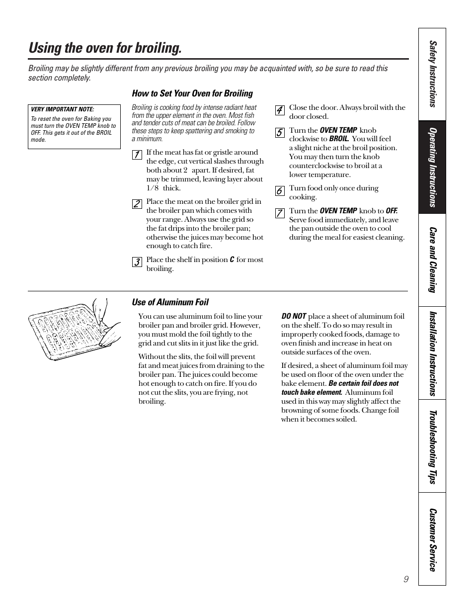 Using the oven for broiling | GE 164D3333P184 User Manual | Page 9 / 24
