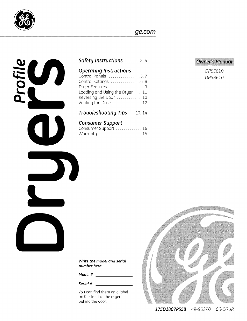 GE PROFILE DRYERS DPSE810 User Manual | 16 pages