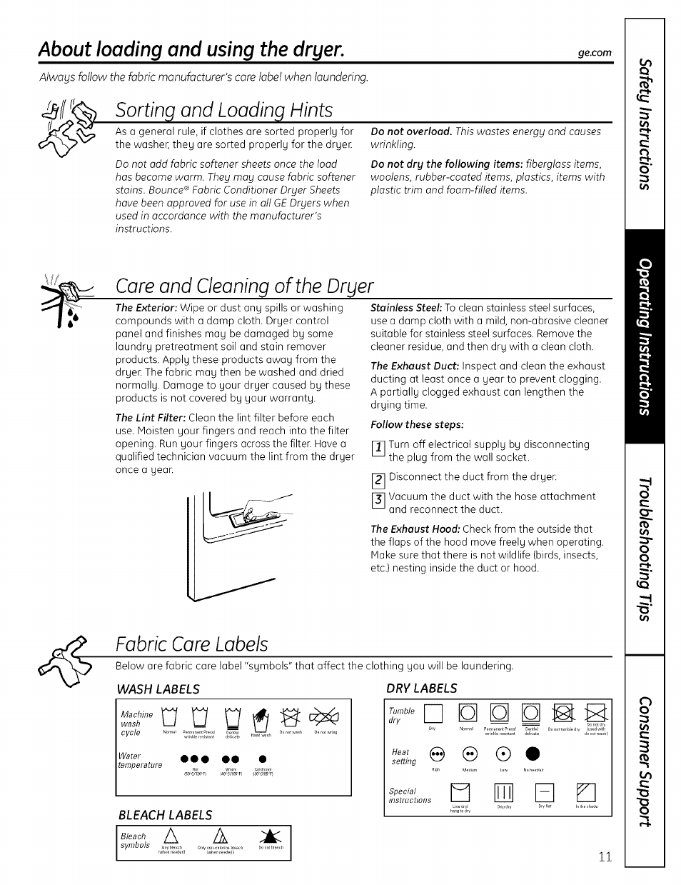 Sorting and looding hints, Core and cleaning of the drger, Fabric core labels | Fi n, N n 0, About loading and using the dryer, O o o ;©: ;x, Donotwash hand viiish oo not wring | GE PROFILE DRYERS DPSE810 User Manual | Page 11 / 16