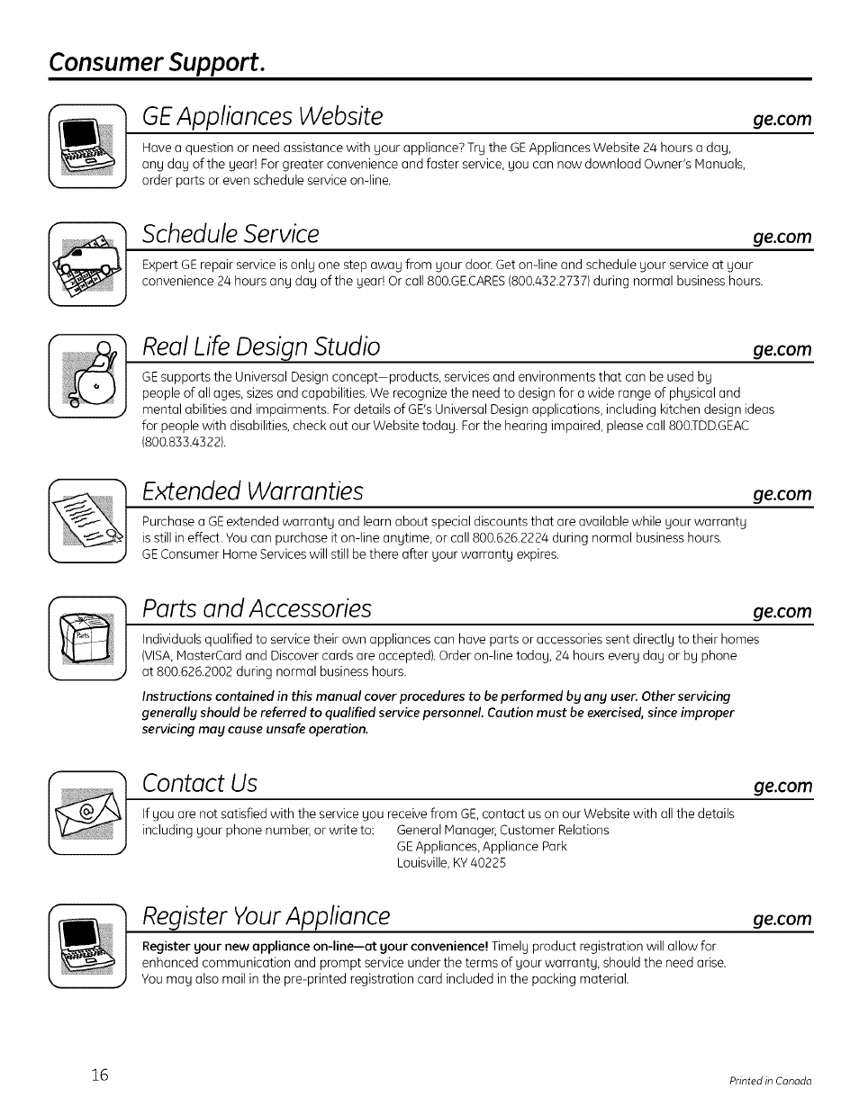 Consumer support, Ge appliances website, Schedule service | Real life design studio, Extended warranties, Parts and accessories, Contact us, Register your appliance, Consumer support ge appliances website | GE PROFILE DRYERS DPSE810 User Manual | Page 16 / 16