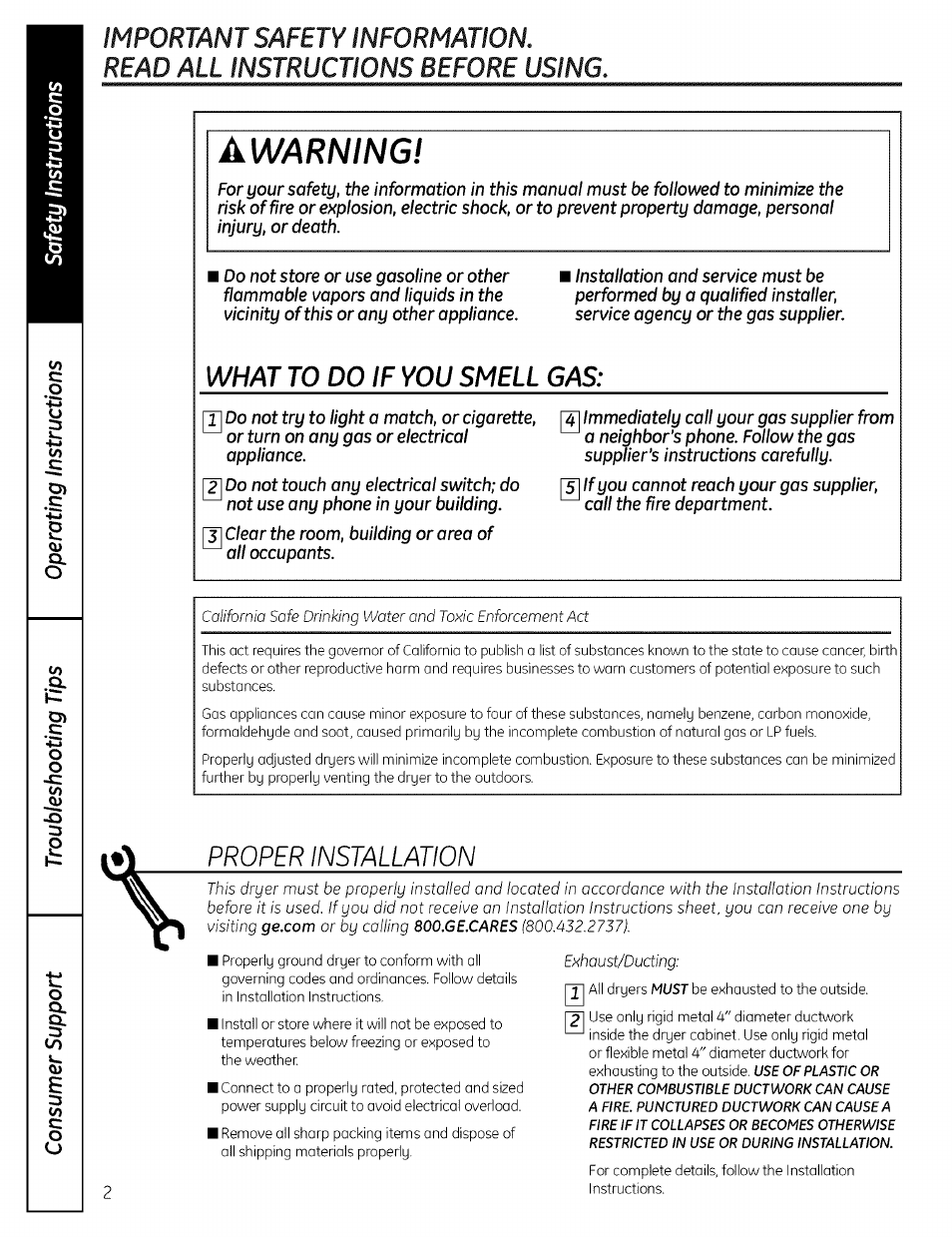 Awarning, What to do if you smell gas, Proper installation | GE PROFILE DRYERS DPSE810 User Manual | Page 2 / 16