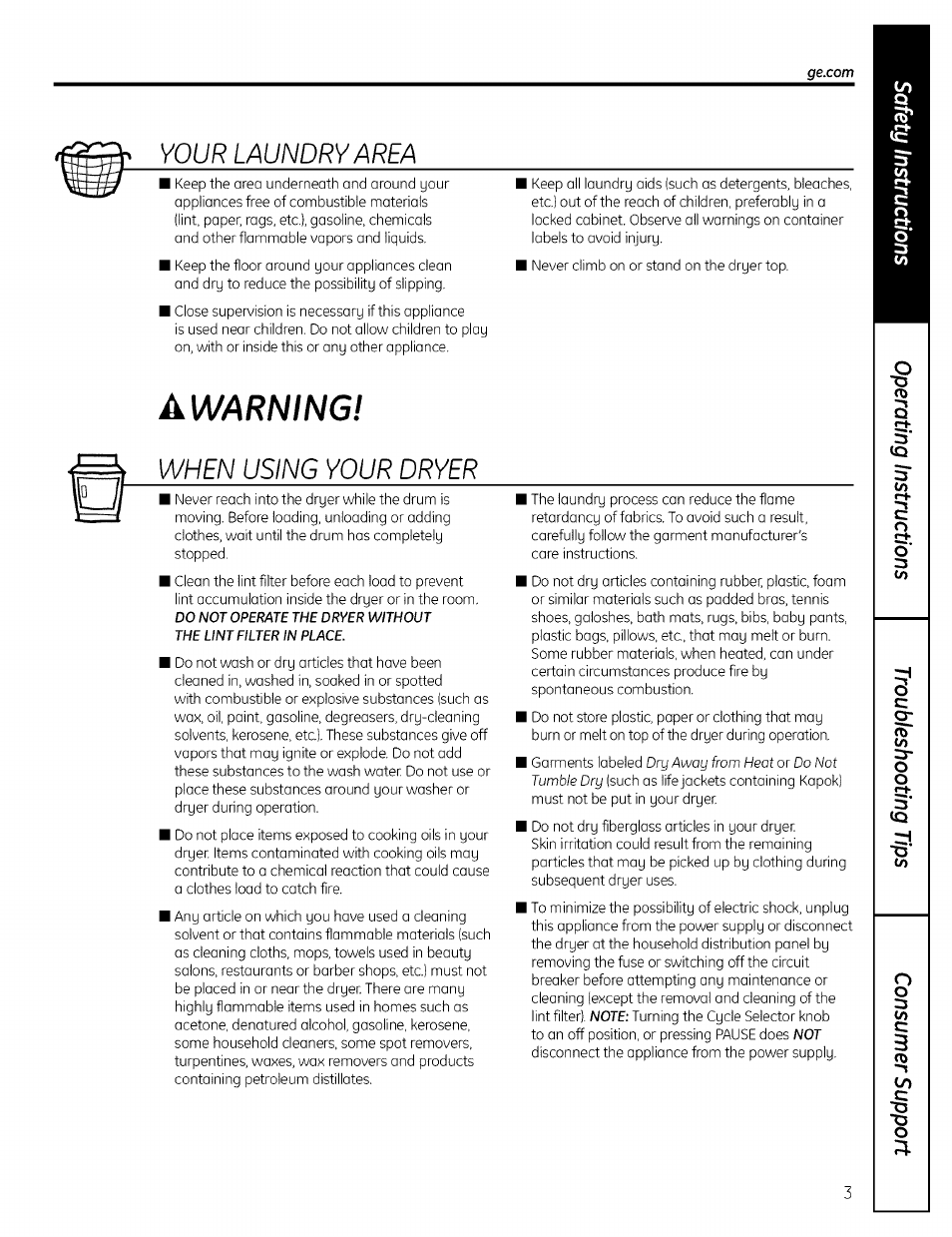 Your laundry area, Awarning, When using your dryer | GE PROFILE DRYERS DPSE810 User Manual | Page 3 / 16