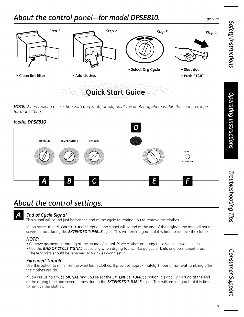 About the control settings, About the control panel—for model dpse810, Quick start guide | GE PROFILE DRYERS DPSE810 User Manual | Page 5 / 16