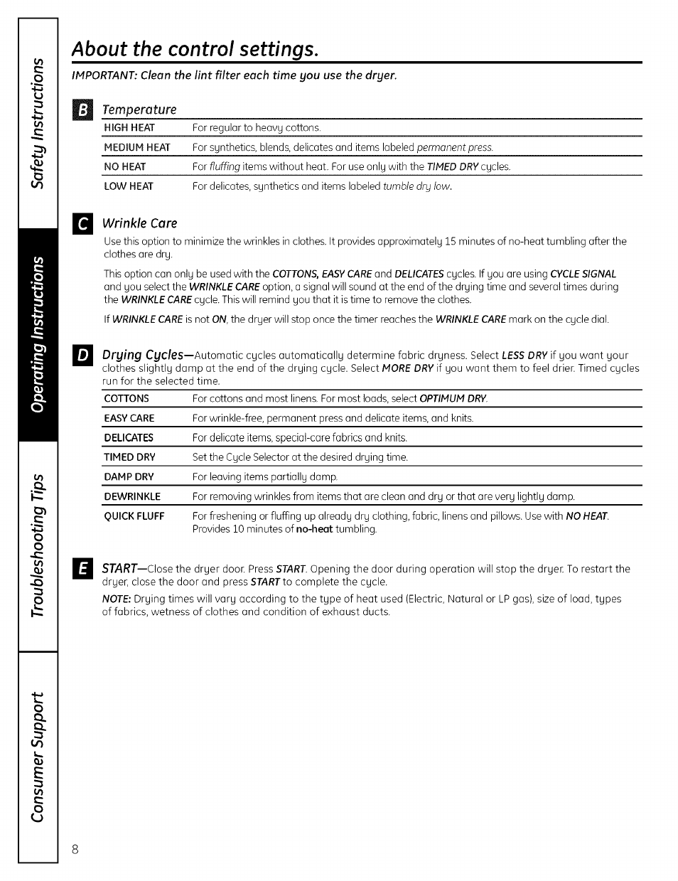 About the control settings, L3 temperature | GE PROFILE DRYERS DPSE810 User Manual | Page 8 / 16