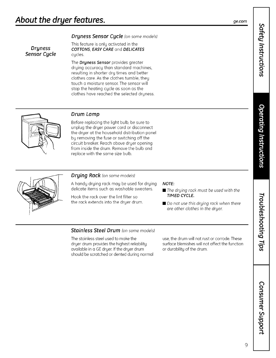 About the dryer features | GE PROFILE DRYERS DPSE810 User Manual | Page 9 / 16