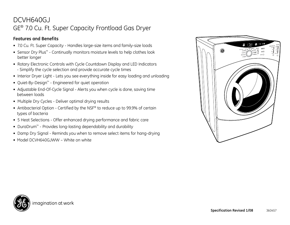 Dcvh640gj, 0 cu. ft. super capacity frontload gas dryer | GE DCVH640GJWW User Manual | Page 4 / 4