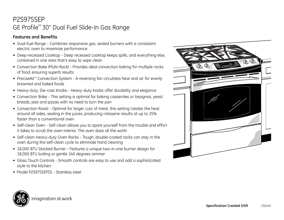 P2s975sep, Ge profile, 30" dual fuel slide-in gas range | GE Profile P2S975SEPSS User Manual | Page 2 / 2