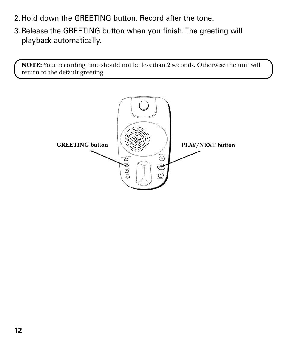 Greeting button play/next button | GE 29879 User Manual | Page 12 / 76