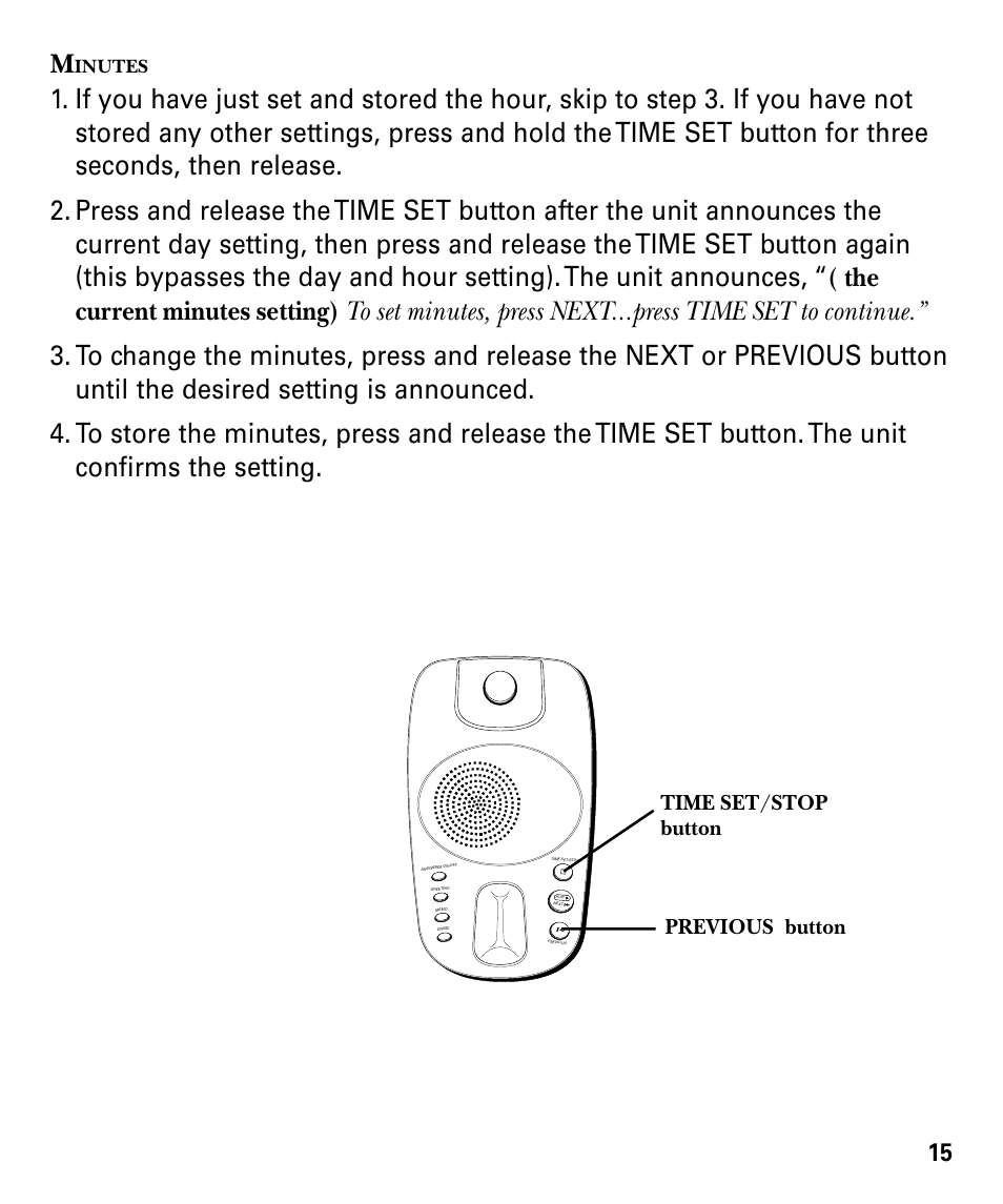 Time set/stop button previous button | GE 29879 User Manual | Page 15 / 76