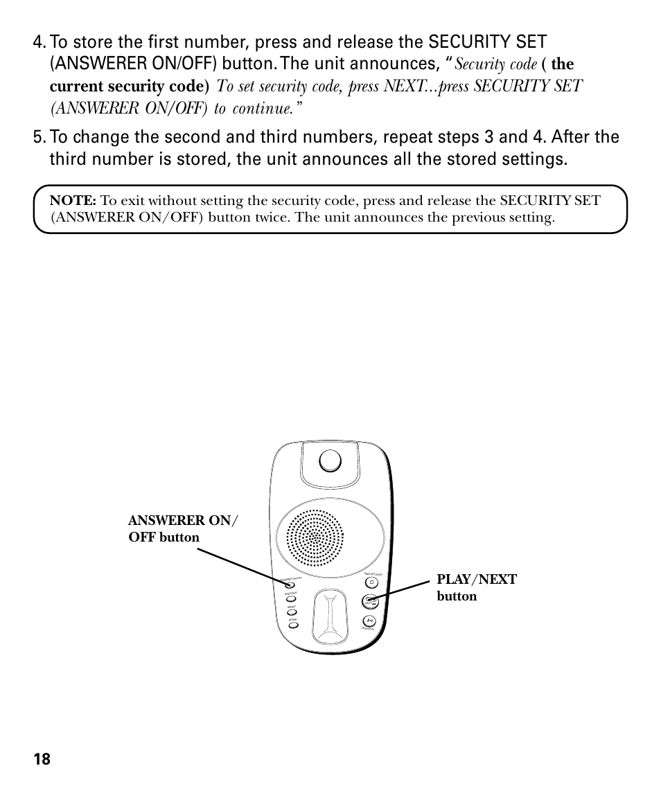 Answerer on/ off button play/next button | GE 29879 User Manual | Page 18 / 76