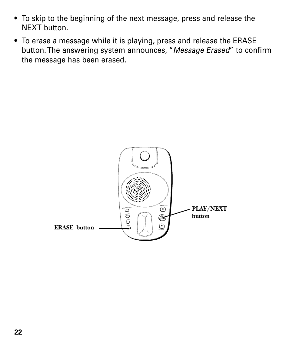 Erase button play/next button | GE 29879 User Manual | Page 22 / 76