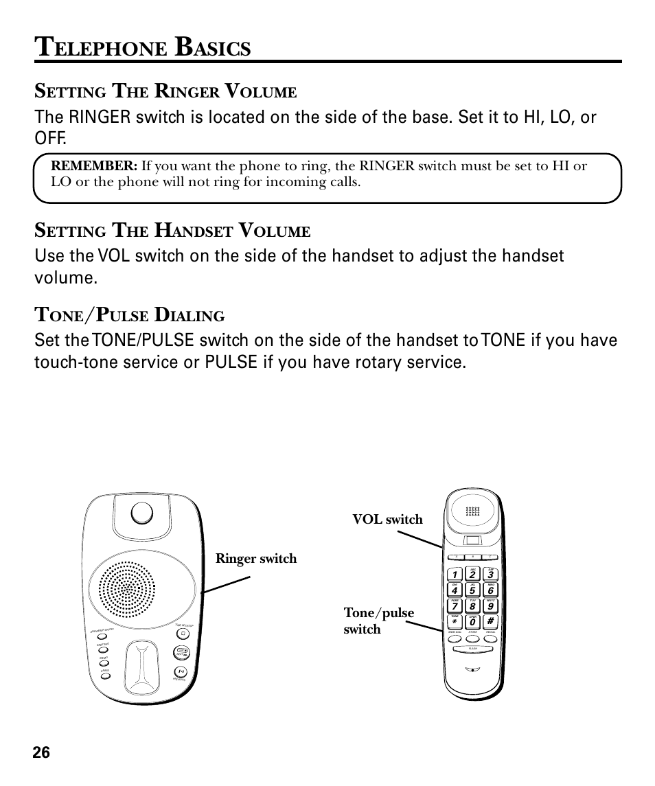 Elephone, Asics, Etting | Inger, Olume, Andset, Ulse, Ialing, Ringer switch, Vol switch tone/pulse switch | GE 29879 User Manual | Page 26 / 76