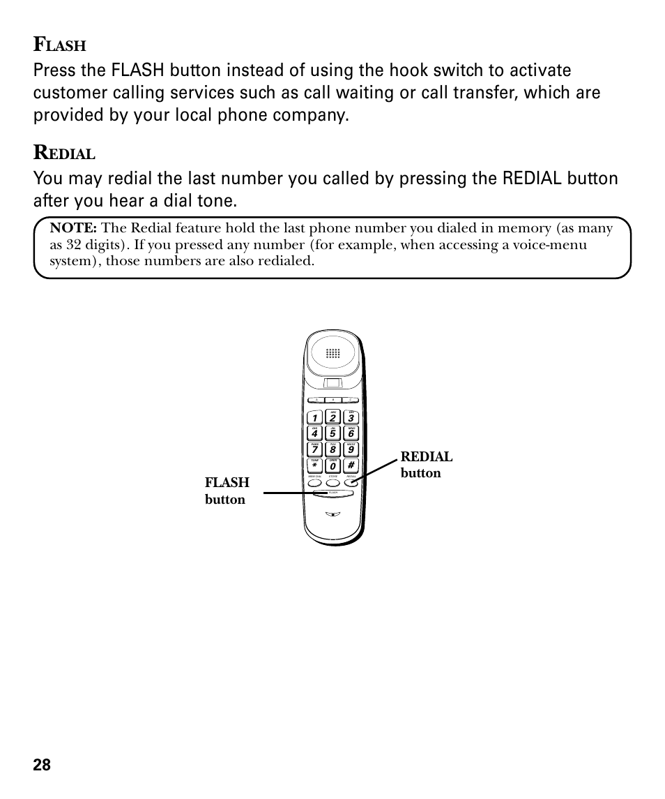 Lash, Edial, Flash button redial button | GE 29879 User Manual | Page 28 / 76