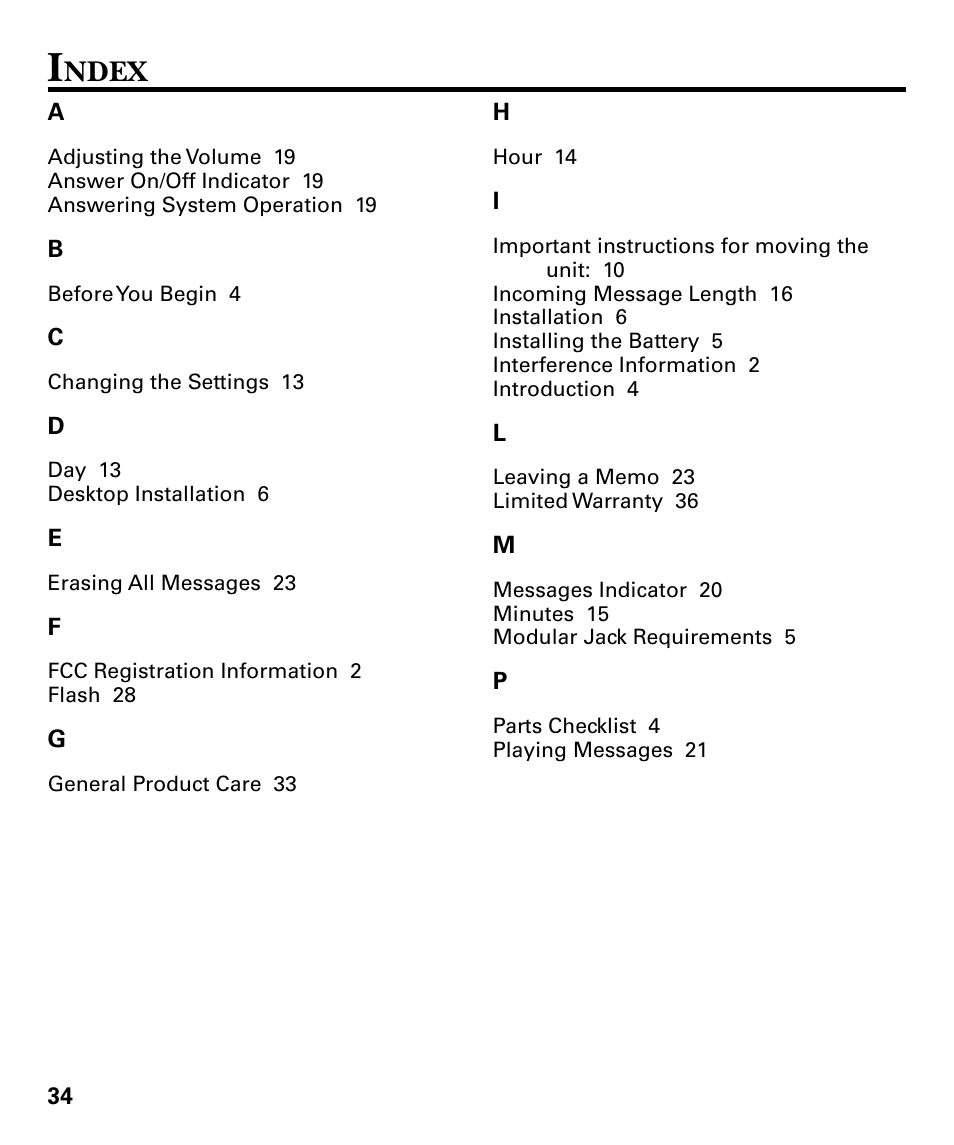 Ndex | GE 29879 User Manual | Page 34 / 76