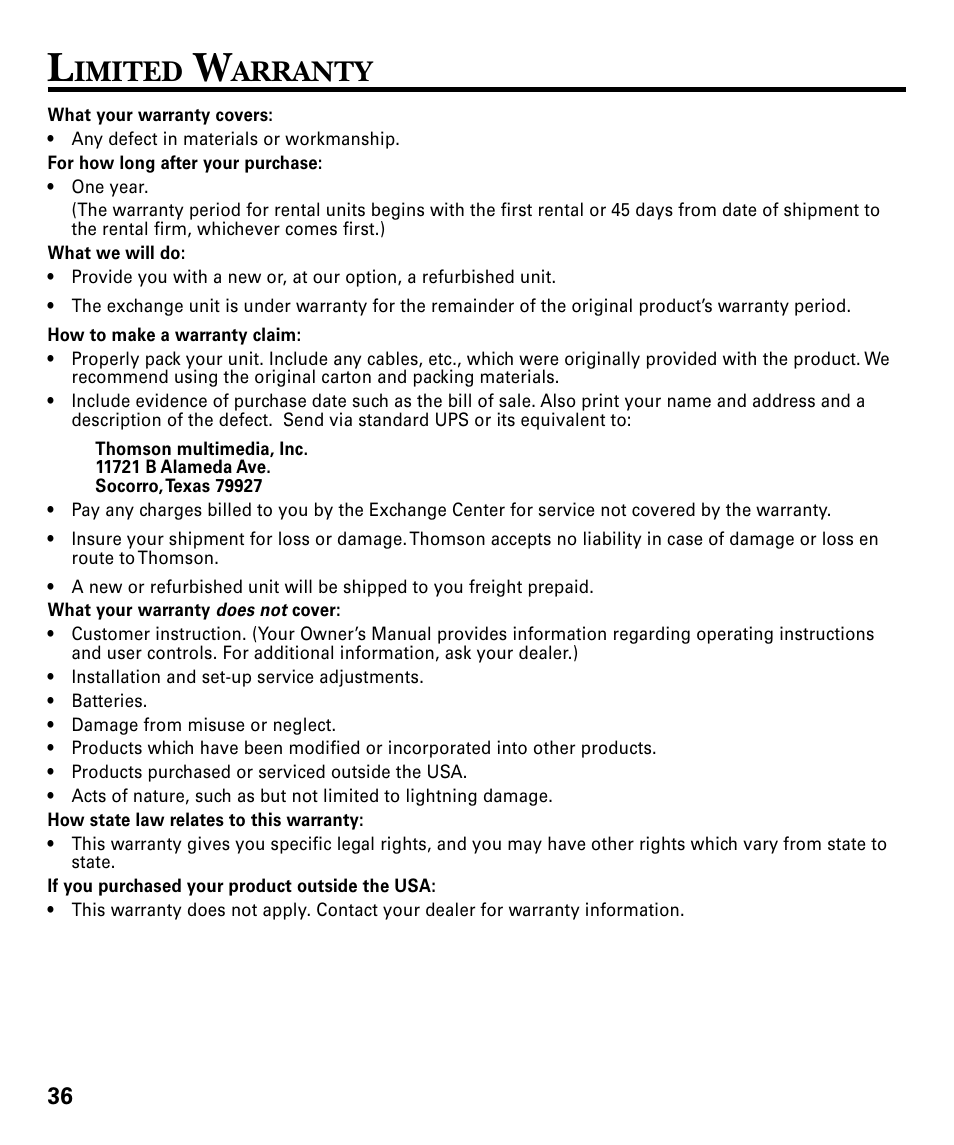 Imited, Arranty | GE 29879 User Manual | Page 36 / 76