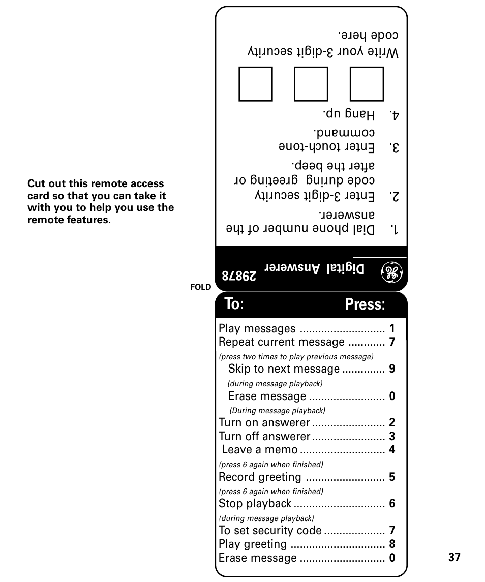 To: press, Emote, Ccess | GE 29879 User Manual | Page 37 / 76