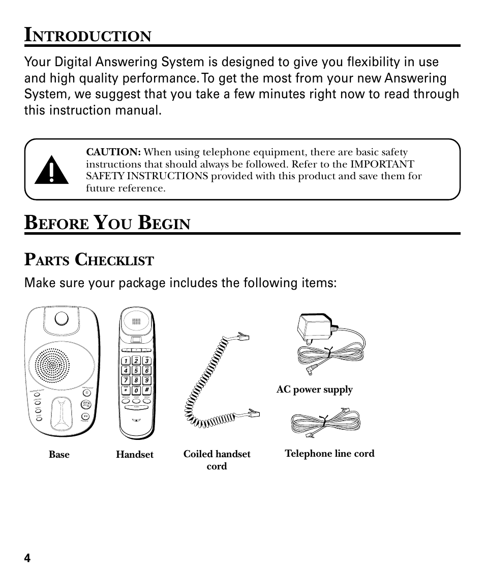 Ntroduction, Efore, Egin | Arts, Hecklist, Base coiled handset cord telephone line cord, Handset ac power supply | GE 29879 User Manual | Page 4 / 76