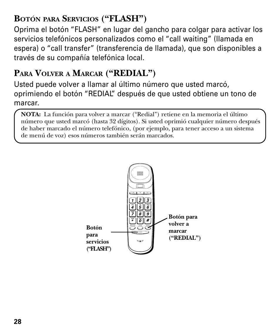 Flash”), Redial”), Otón | Para, Ervicios, Olver, Arcar | GE 29879 User Manual | Page 66 / 76