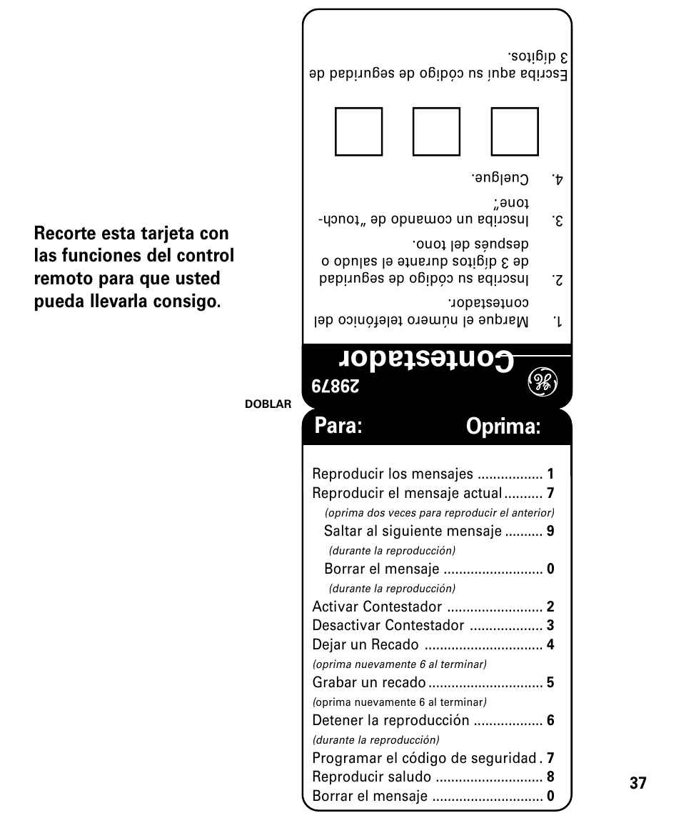 Contestador digital, Para: oprima | GE 29879 User Manual | Page 75 / 76