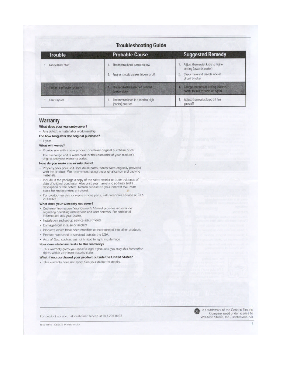 Troubleshooting guide, Warranty, 5ian | Гшцш^.«п1ш#1й1, Sating, Came«la^ir | GE 106620 User Manual | Page 2 / 4