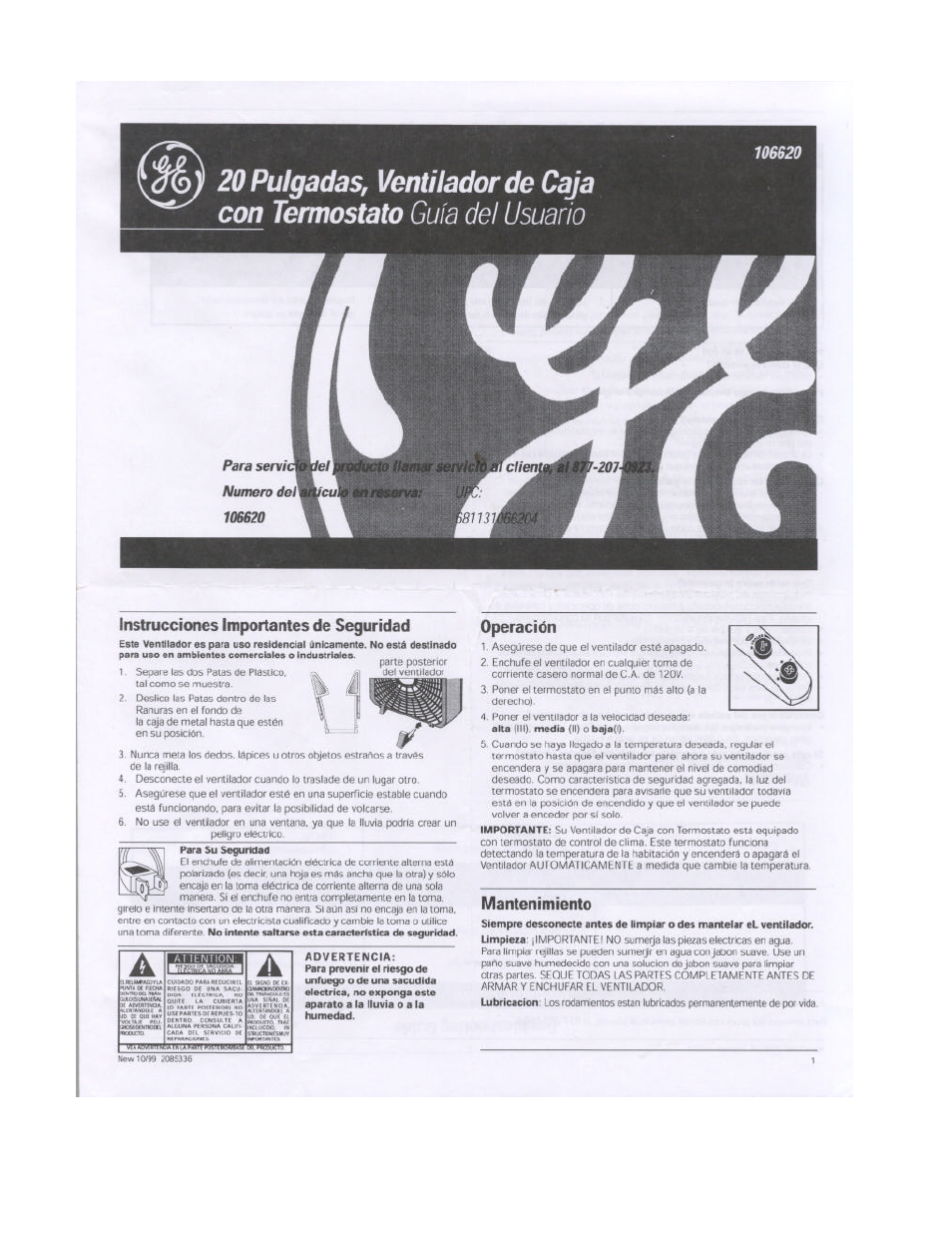 Jnstrucciorws importantes de seguridad, Operación, Mantenimiento | Ffwjfüñ a, 1ш2в, Piarle post^nor del v!'r hilador | GE 106620 User Manual | Page 3 / 4