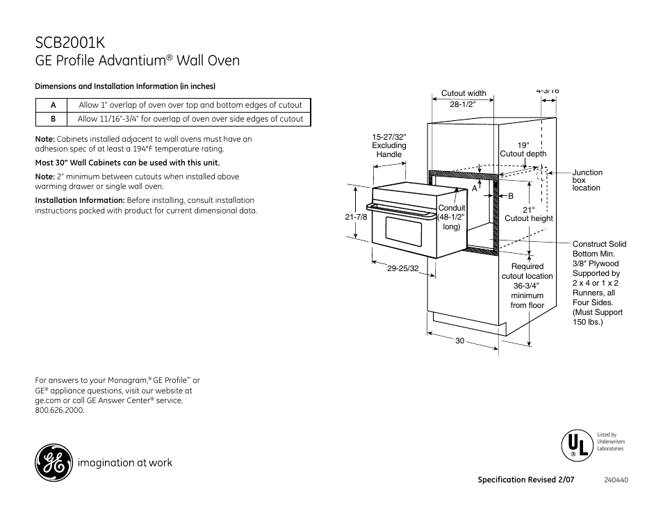 GE PROFILE ADVANTIUM SCB2001K User Manual | 3 pages