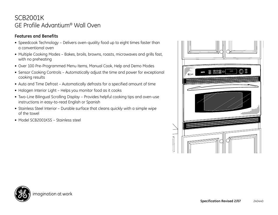 Scb2001k, Ge profile advantium, Wall oven | GE PROFILE ADVANTIUM SCB2001K User Manual | Page 3 / 3