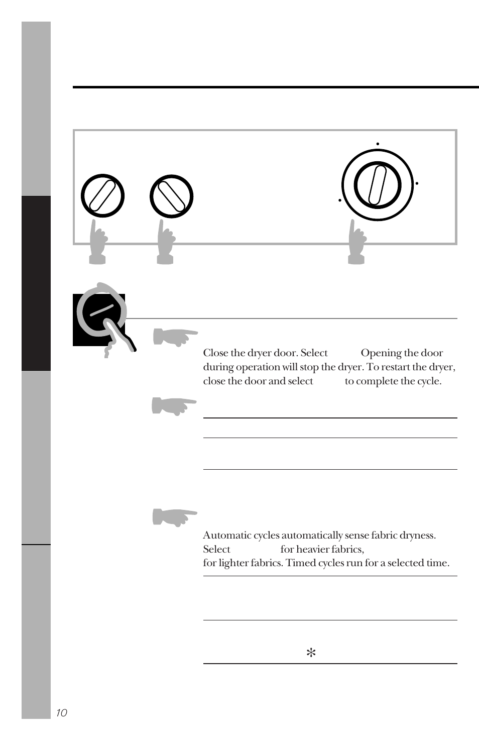 Control panel, Control settings, Control panel control settings | About the dryer control panel, Start, Temperature, Drying cycles | GE DBLR333GT User Manual | Page 10 / 20