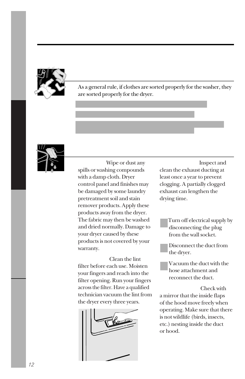 Loading and using the dryer, Care and cleaning of the dryer, Sorting and loading hints | GE DBLR333GT User Manual | Page 12 / 20