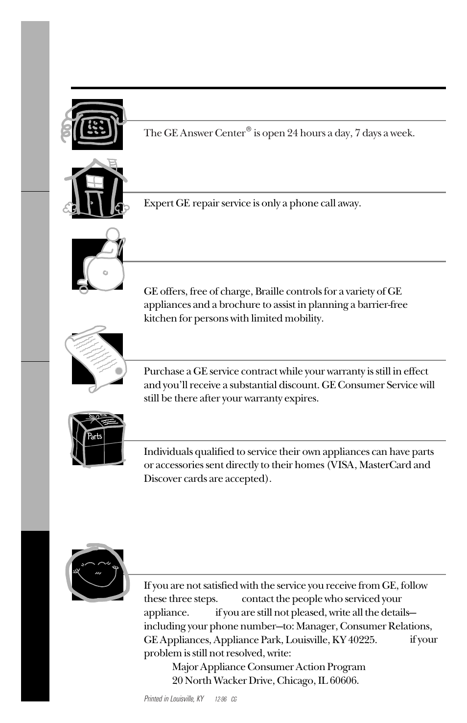 Service telephone numbers, Ge answer center, In-home repair service | Special needs service, Service contracts, Parts and accessories, Service satisfaction | GE DBLR333GT User Manual | Page 20 / 20