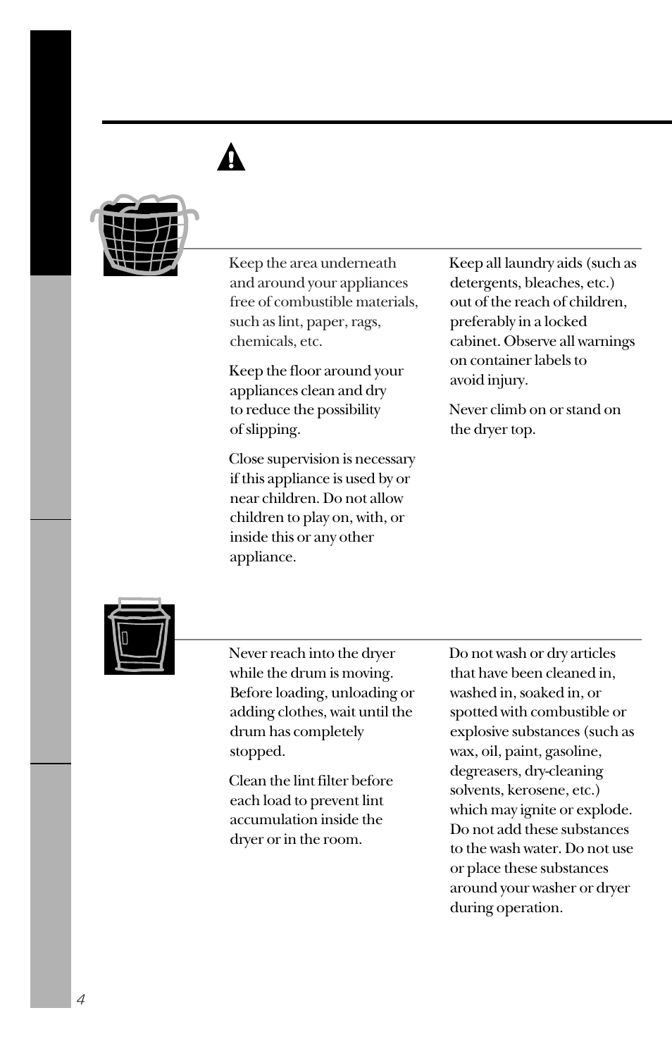 Warning, Your laundry area, When using your dryer | GE DBLR333GT User Manual | Page 4 / 20