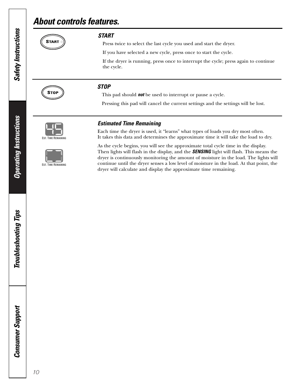 Controls features, About controls features, Start | Stop, Estimated time remaining | GE DPSB513 User Manual | Page 10 / 24