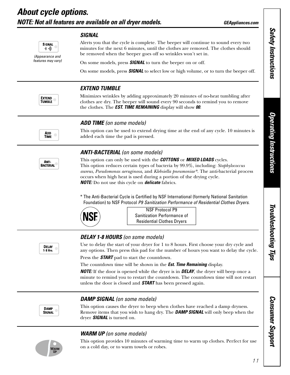 Cycle options, About cycle options | GE DPSB513 User Manual | Page 11 / 24
