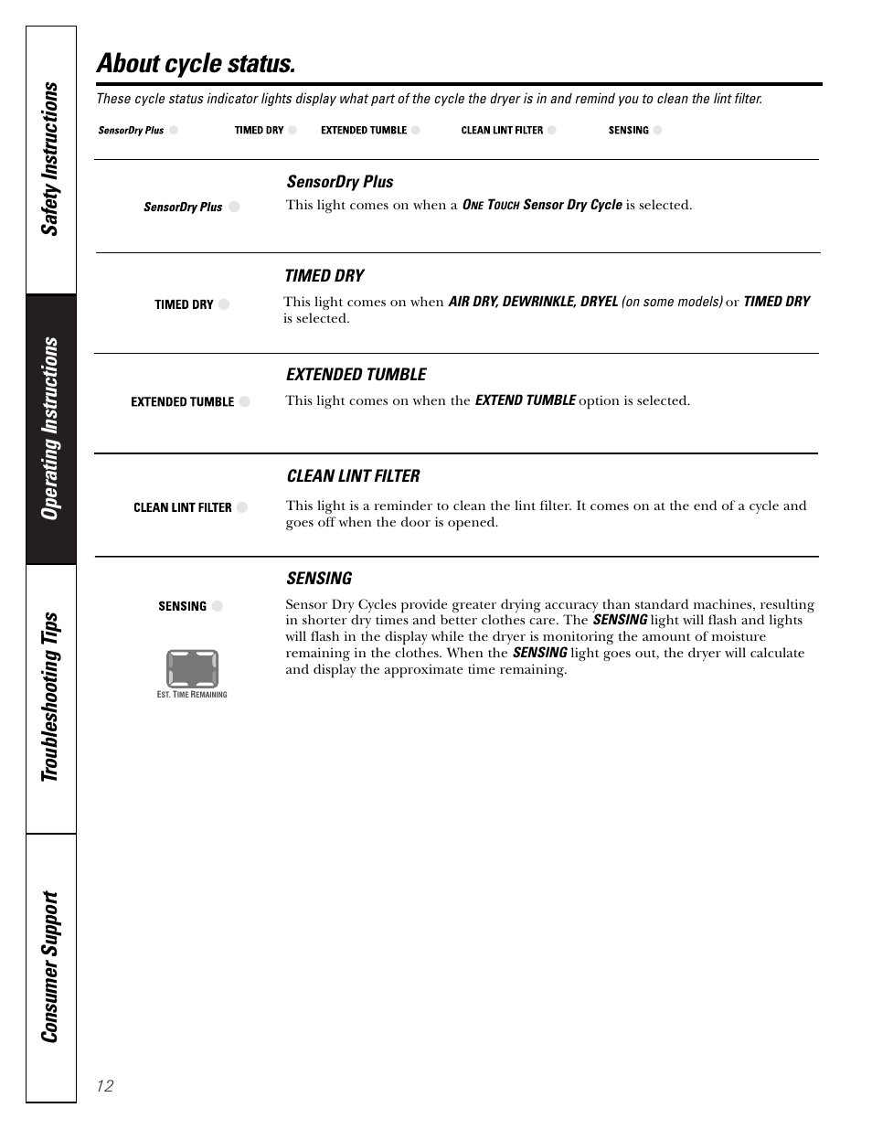 Cycle status, About cycle status | GE DPSB513 User Manual | Page 12 / 24